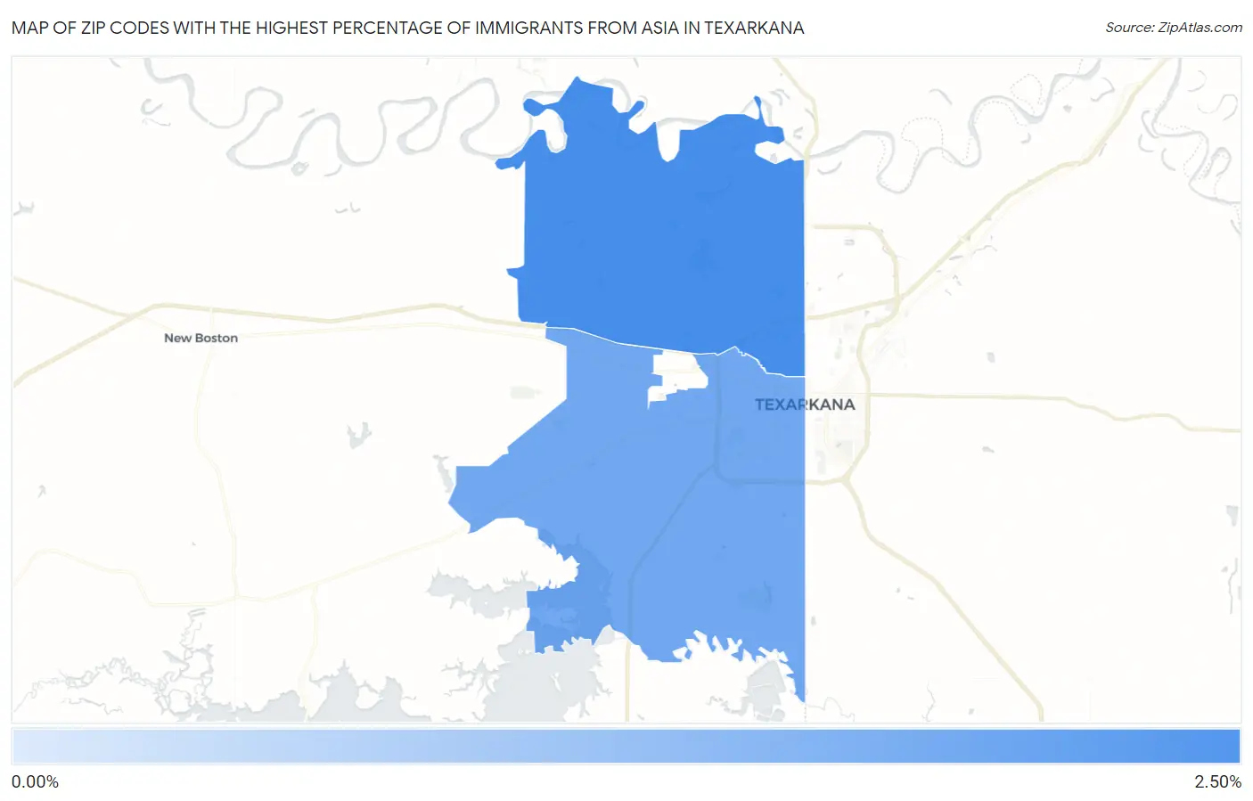 Zip Codes with the Highest Percentage of Immigrants from Asia in Texarkana Map