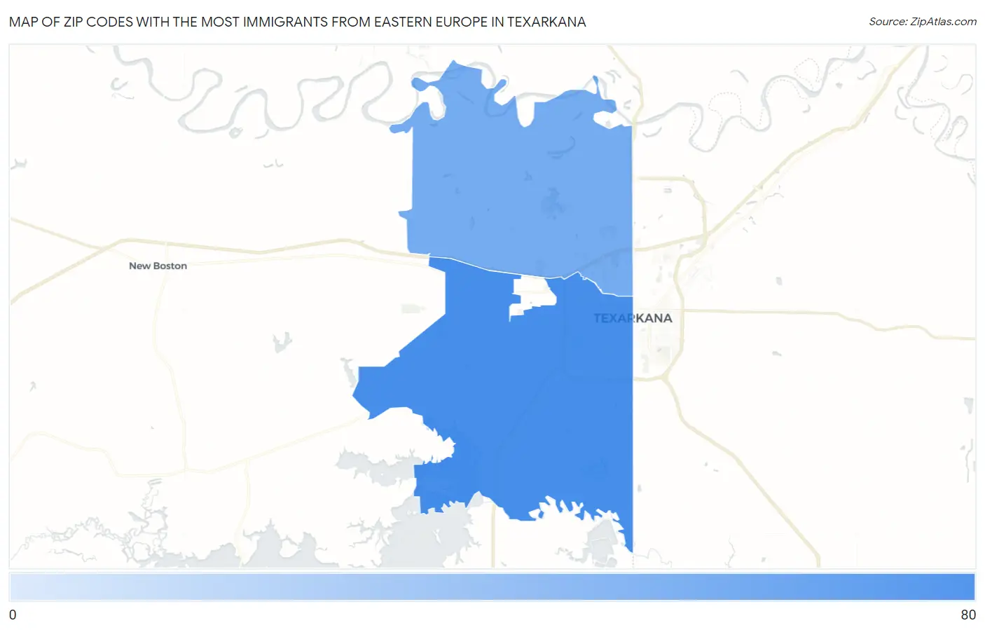 Zip Codes with the Most Immigrants from Eastern Europe in Texarkana Map