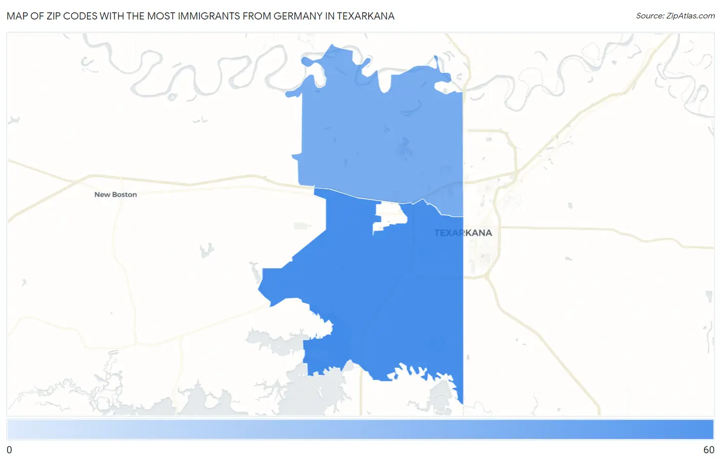 Zip Codes with the Most Immigrants from Germany in Texarkana Map