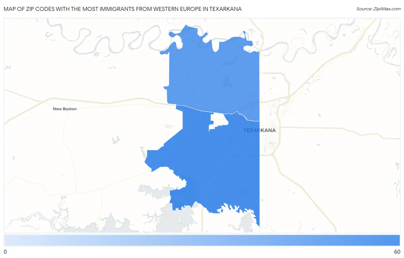 Zip Codes with the Most Immigrants from Western Europe in Texarkana Map