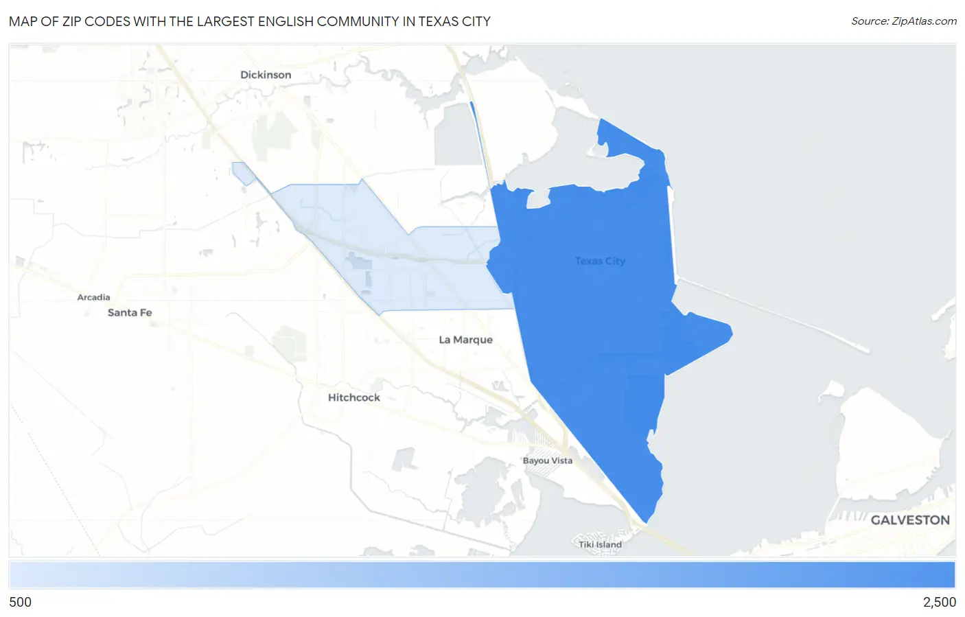 Zip Codes with the Largest English Community in Texas City Map