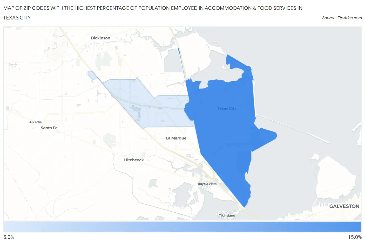 Zip Codes with the Highest Percentage of Population Employed in Accommodation & Food Services in Texas City Map