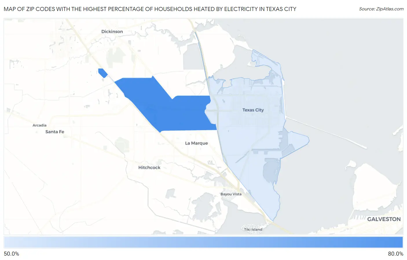 Zip Codes with the Highest Percentage of Households Heated by Electricity in Texas City Map