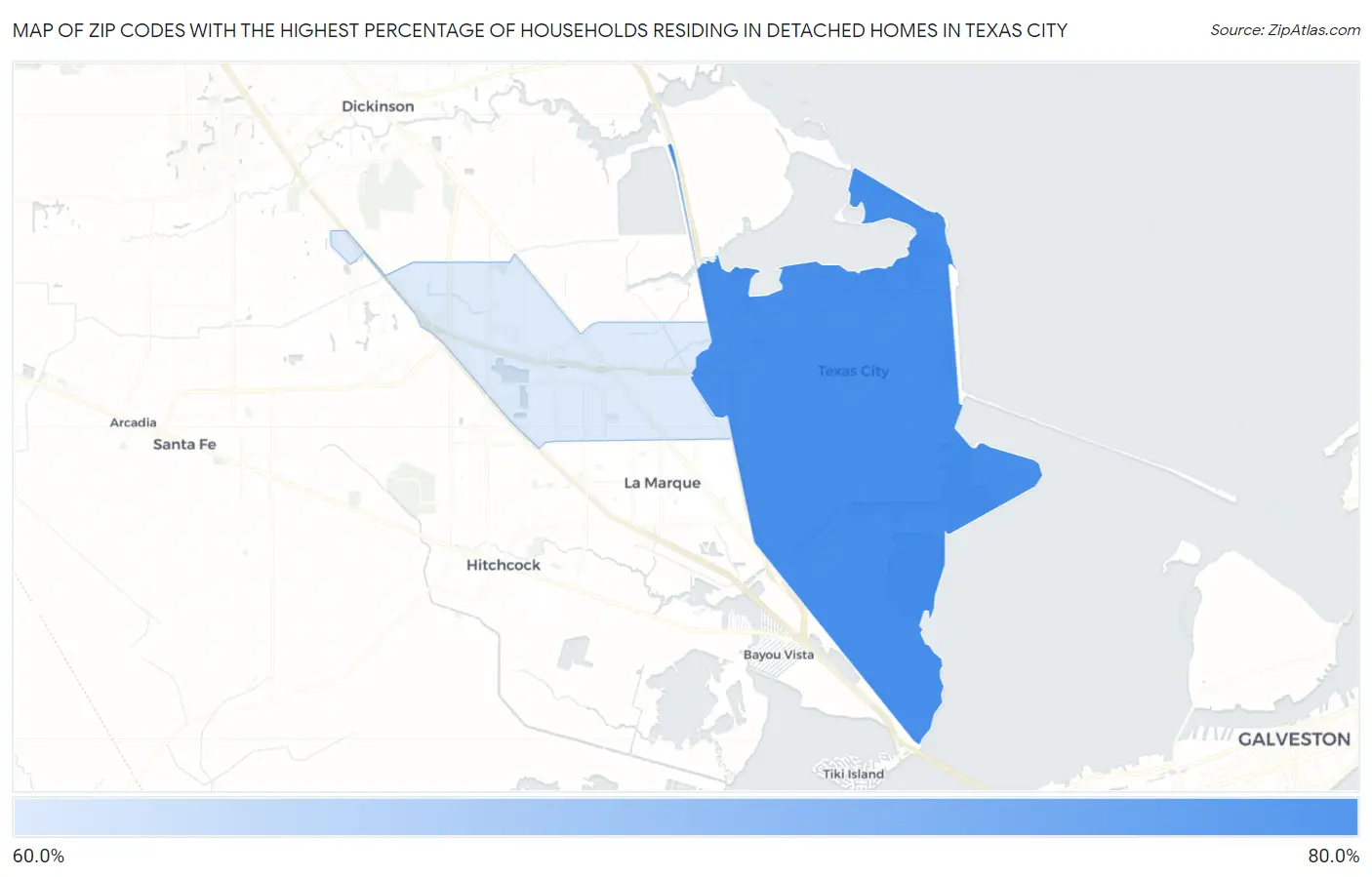 Zip Codes with the Highest Percentage of Households Residing in Detached Homes in Texas City Map