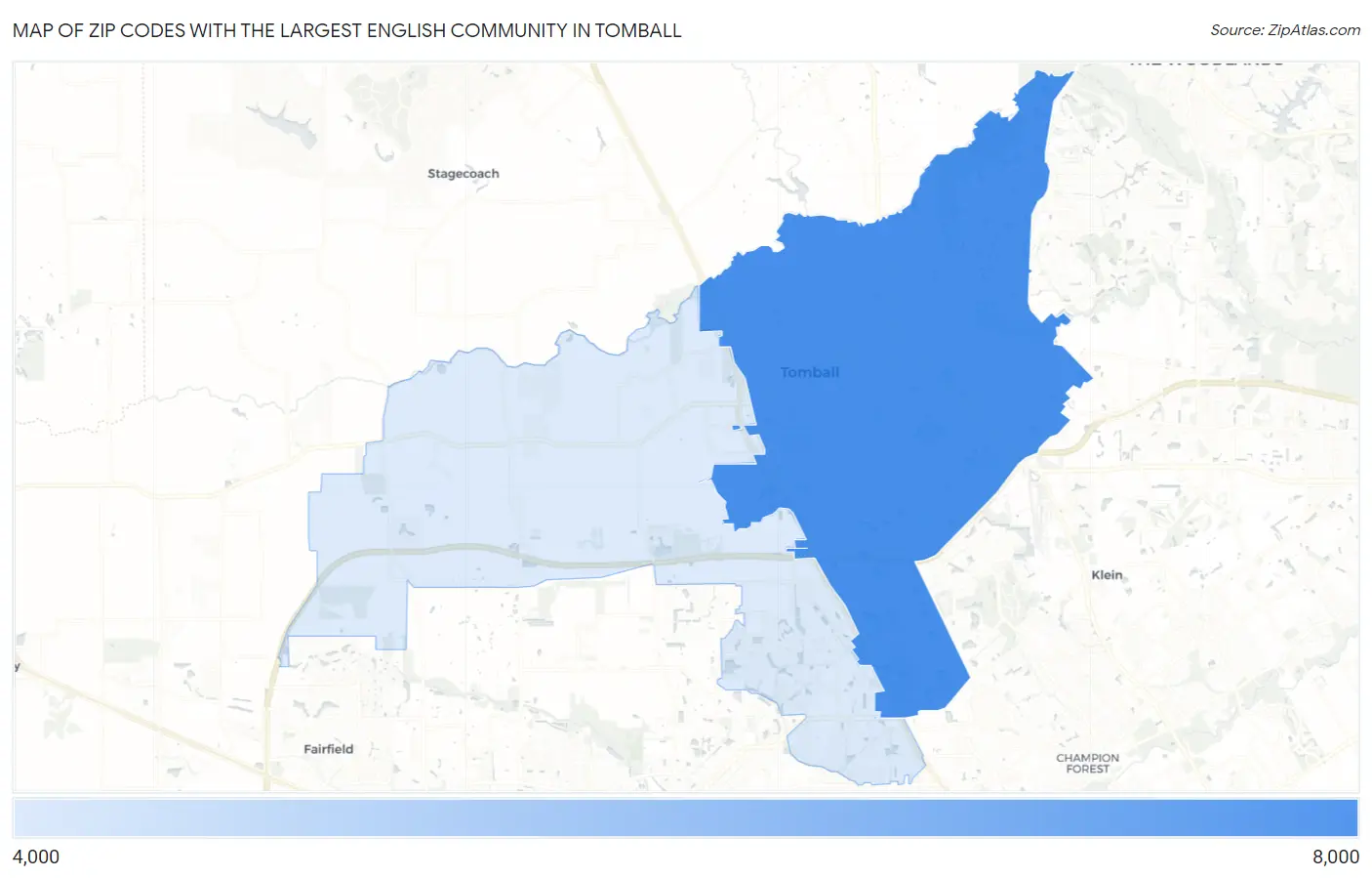 Zip Codes with the Largest English Community in Tomball Map