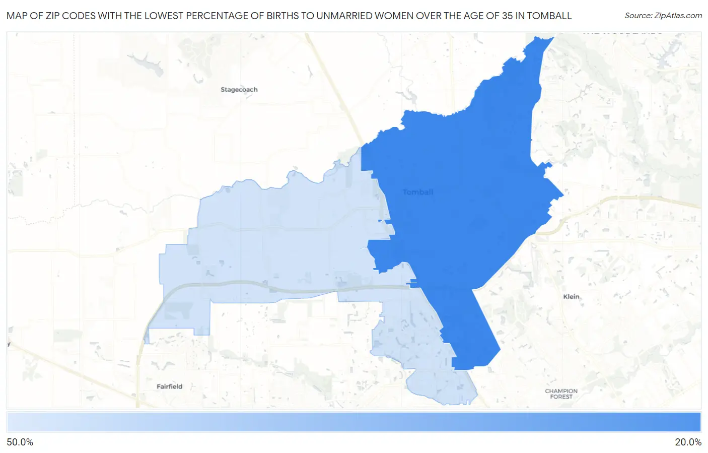 Zip Codes with the Lowest Percentage of Births to Unmarried Women over the Age of 35 in Tomball Map