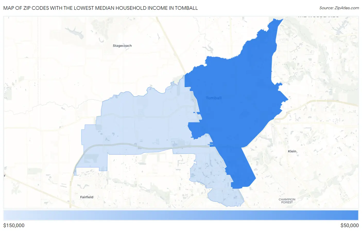 Zip Codes with the Lowest Median Household Income in Tomball Map