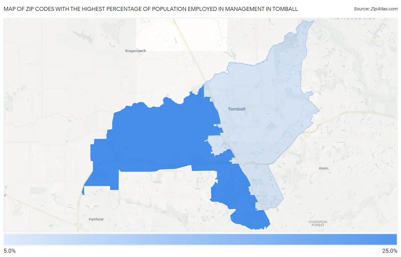 Zip Codes with the Highest Percentage of Population Employed in Management in Tomball Map