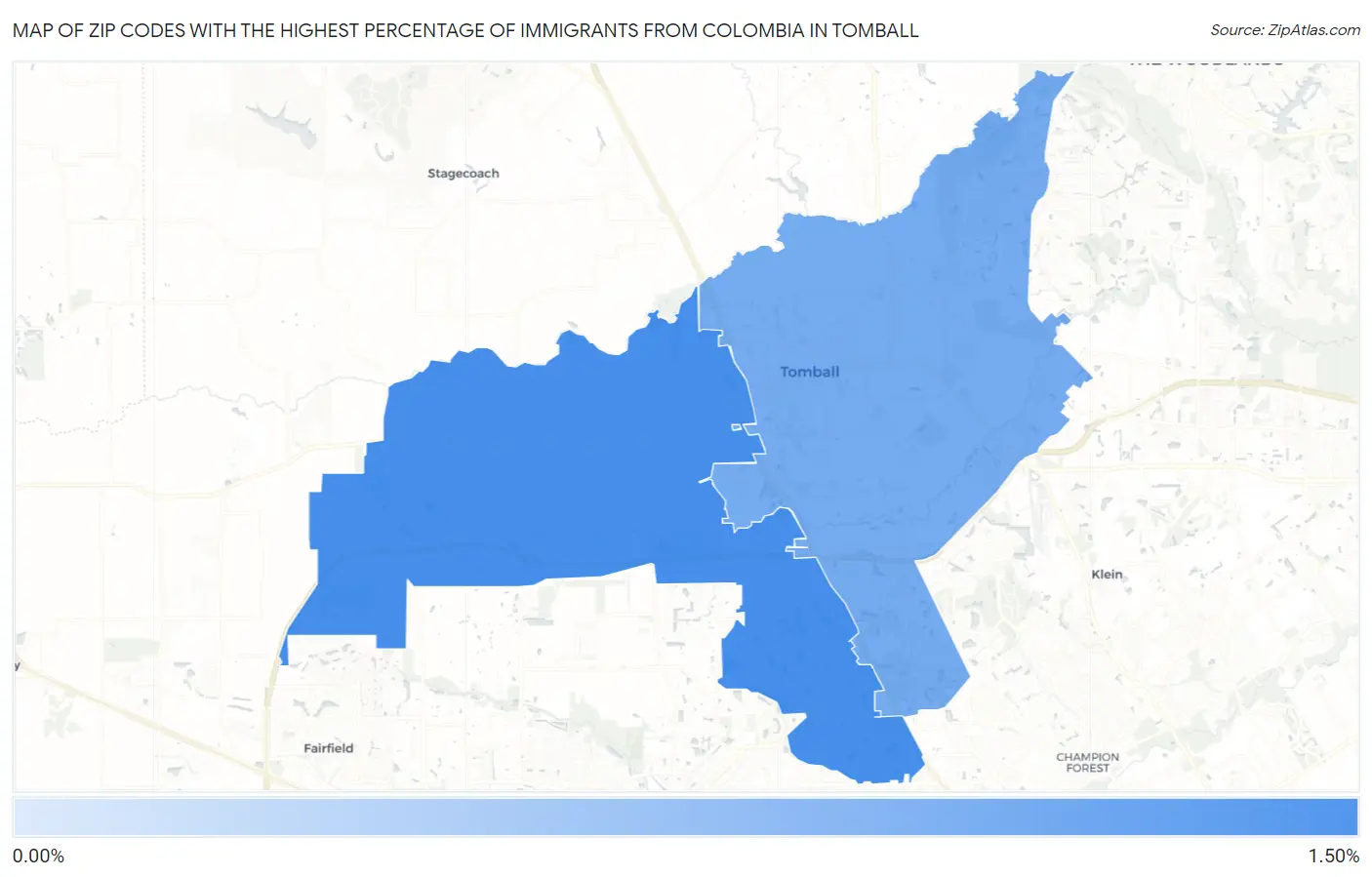 Zip Codes with the Highest Percentage of Immigrants from Colombia in Tomball Map