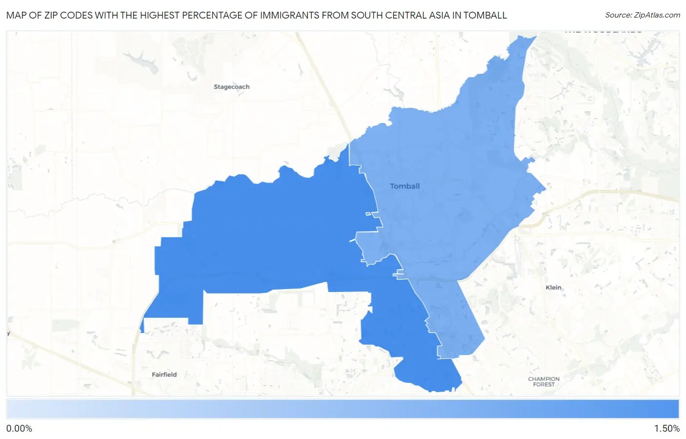 Zip Codes with the Highest Percentage of Immigrants from South Central Asia in Tomball Map