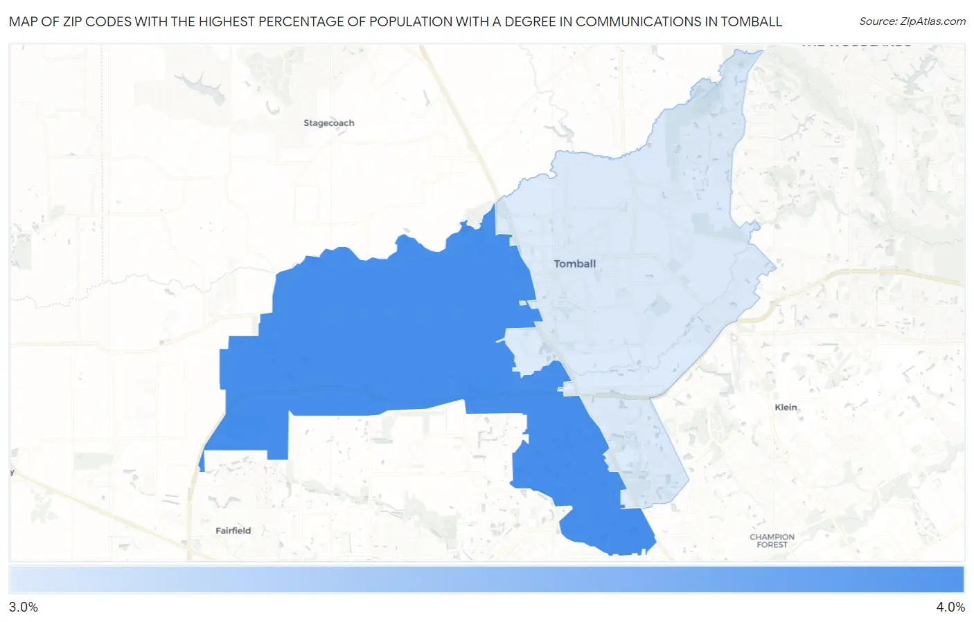 Zip Codes with the Highest Percentage of Population with a Degree in Communications in Tomball Map