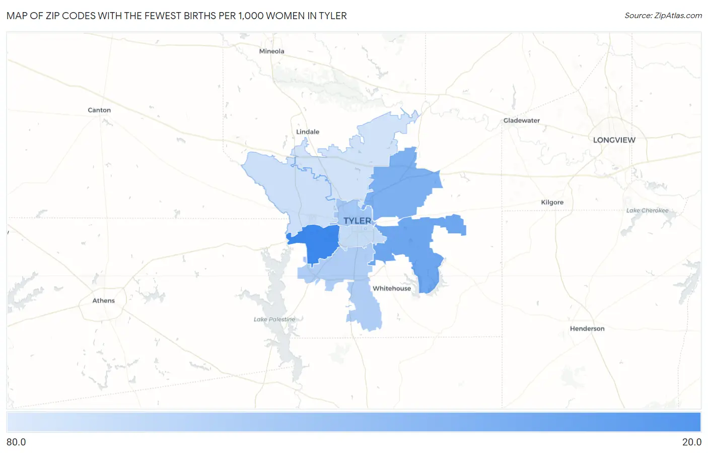 Zip Codes with the Fewest Births per 1,000 Women in Tyler Map