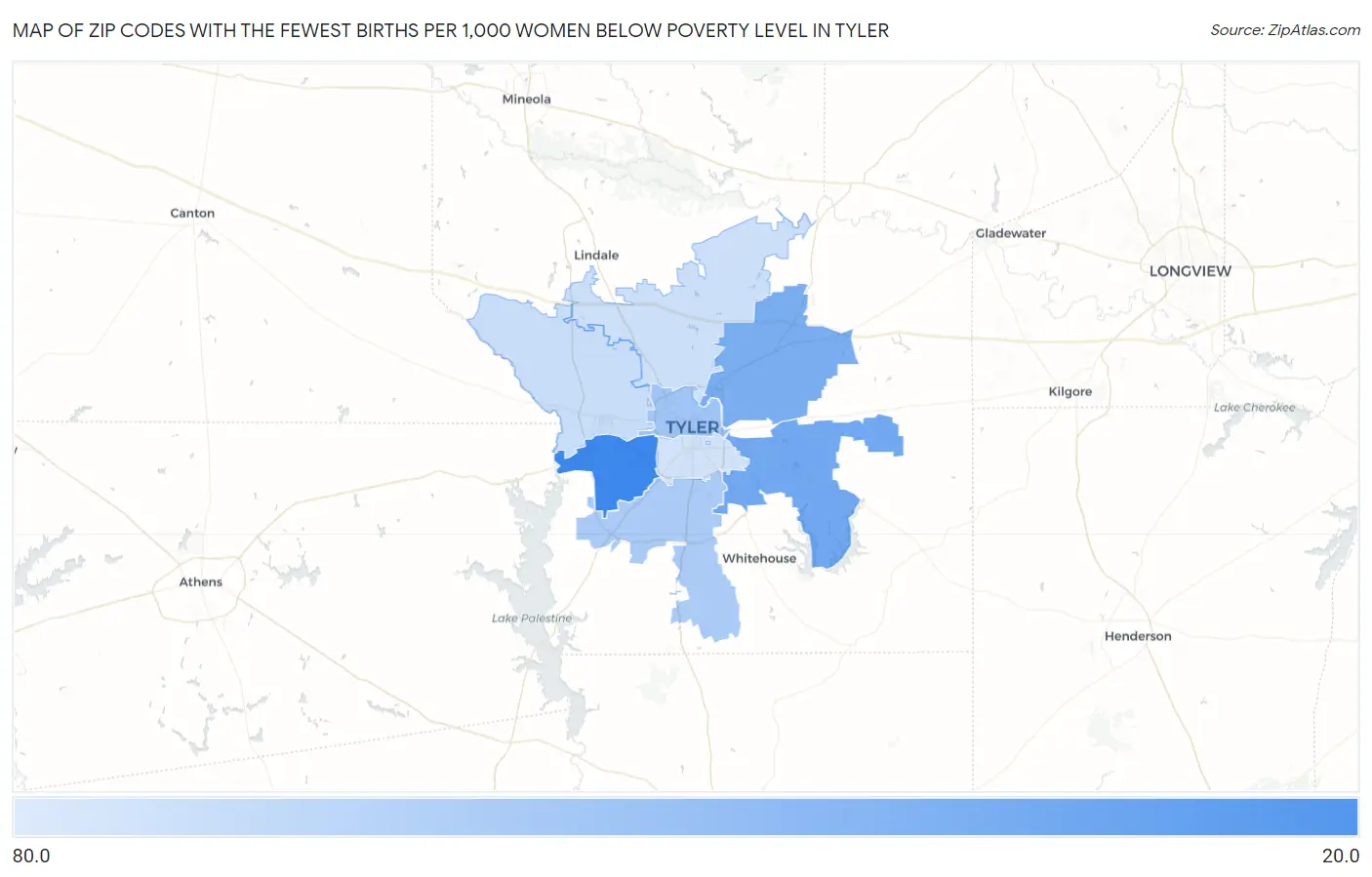 Zip Codes with the Fewest Births per 1,000 Women Below Poverty Level in Tyler Map