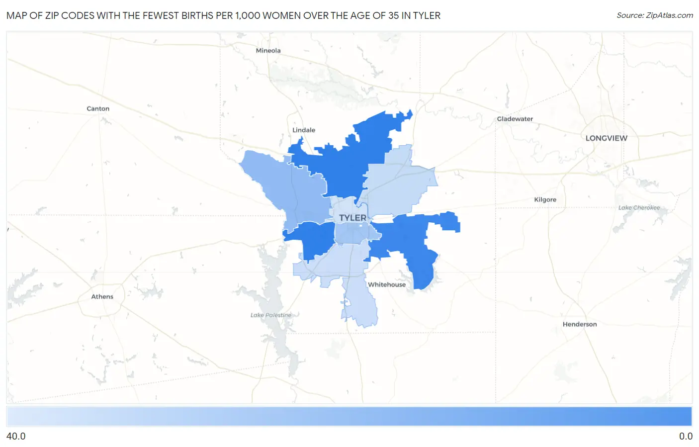 Zip Codes with the Fewest Births per 1,000 Women Over the Age of 35 in Tyler Map