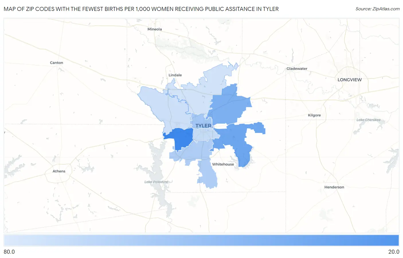 Zip Codes with the Fewest Births per 1,000 Women Receiving Public Assitance in Tyler Map