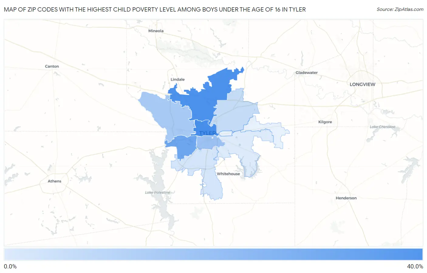 Zip Codes with the Highest Child Poverty Level Among Boys Under the Age of 16 in Tyler Map
