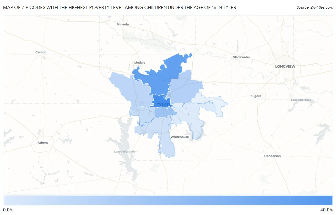 Zip Codes with the Highest Poverty Level Among Children Under the Age of 16 in Tyler Map