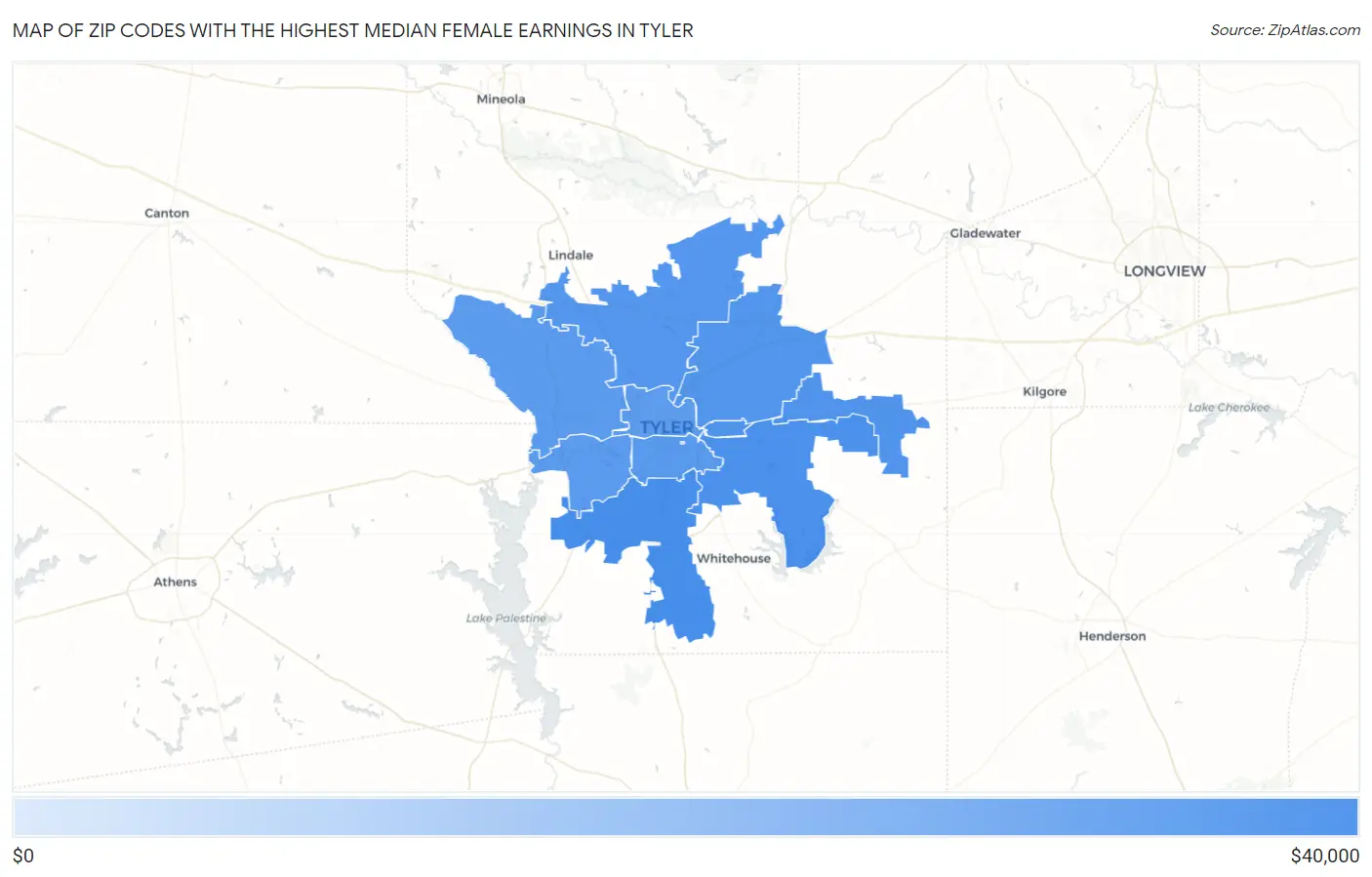 Zip Codes with the Highest Median Female Earnings in Tyler Map