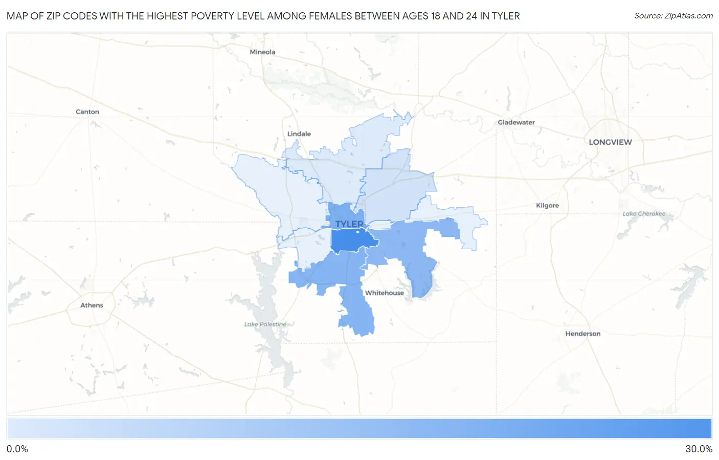 Zip Codes with the Highest Poverty Level Among Females Between Ages 18 and 24 in Tyler Map