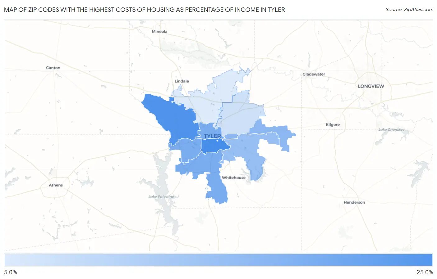 Zip Codes with the Highest Costs of Housing as Percentage of Income in Tyler Map