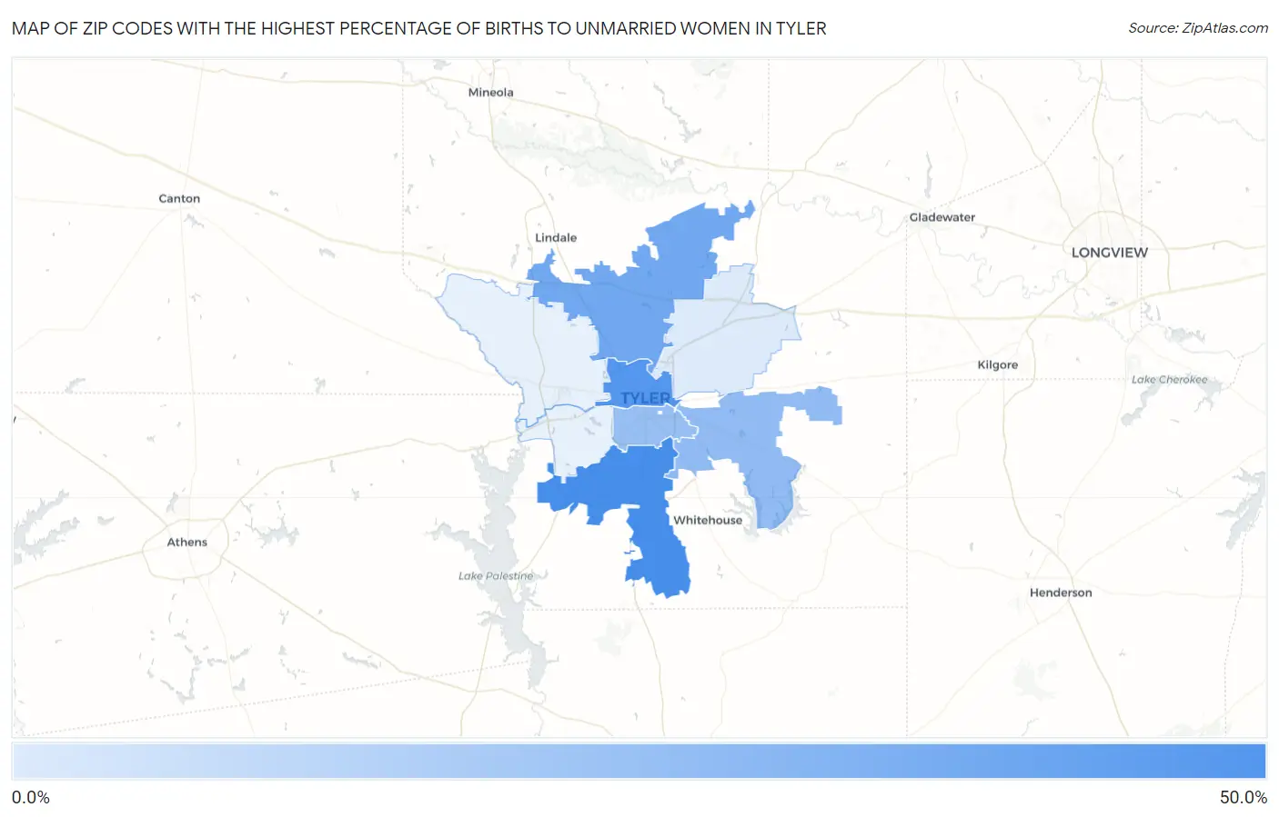 Zip Codes with the Highest Percentage of Births to Unmarried Women in Tyler Map