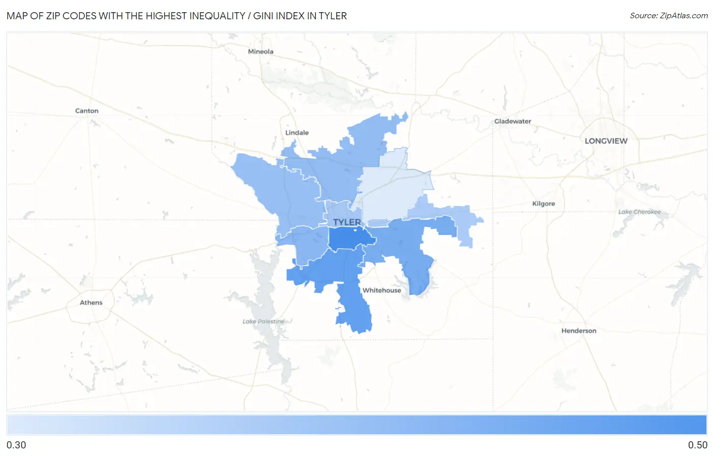 Zip Codes with the Highest Inequality / Gini Index in Tyler Map