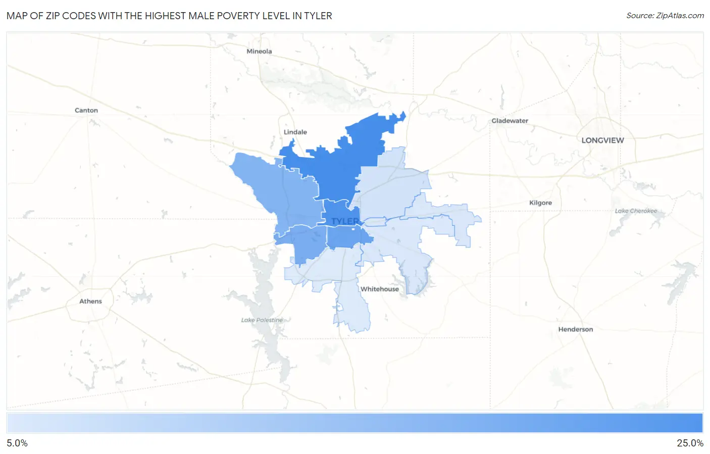 Zip Codes with the Highest Male Poverty Level in Tyler Map
