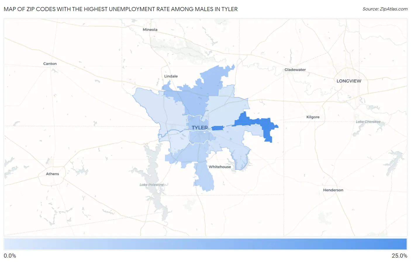 Zip Codes with the Highest Unemployment Rate Among Males in Tyler Map