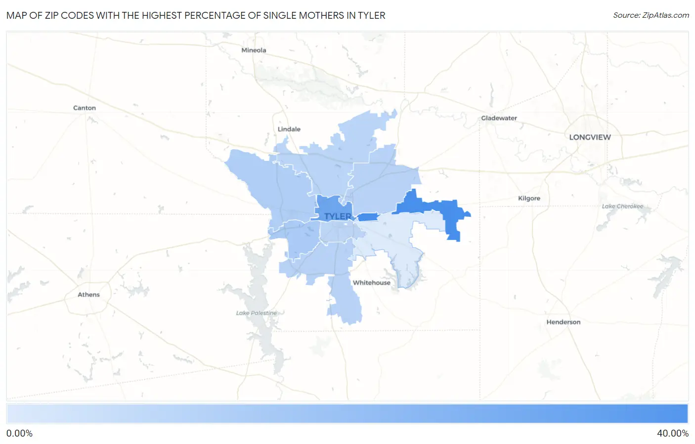 Zip Codes with the Highest Percentage of Single Mothers in Tyler Map