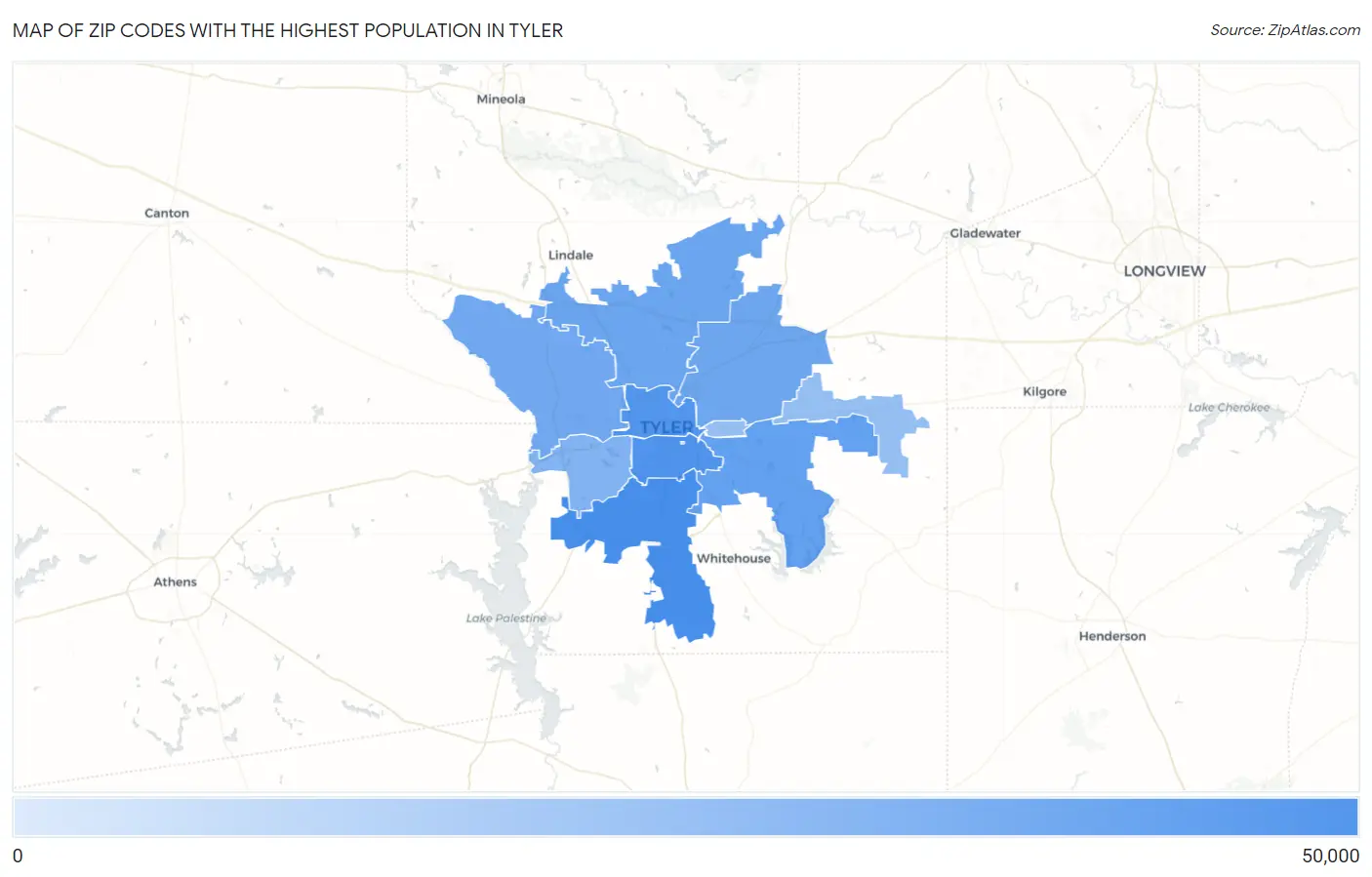 Zip Codes with the Highest Population in Tyler Map
