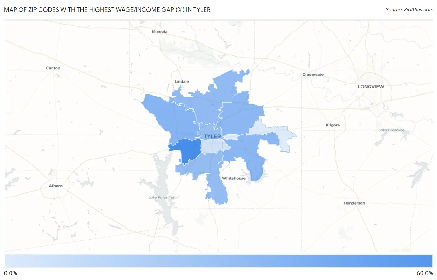 Zip Codes with the Highest Wage/Income Gap (%) in Tyler Map