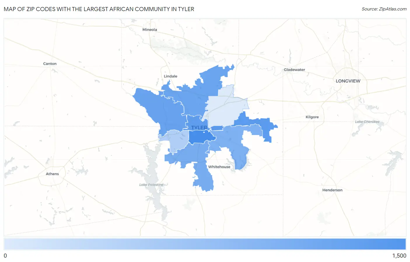 Zip Codes with the Largest African Community in Tyler Map