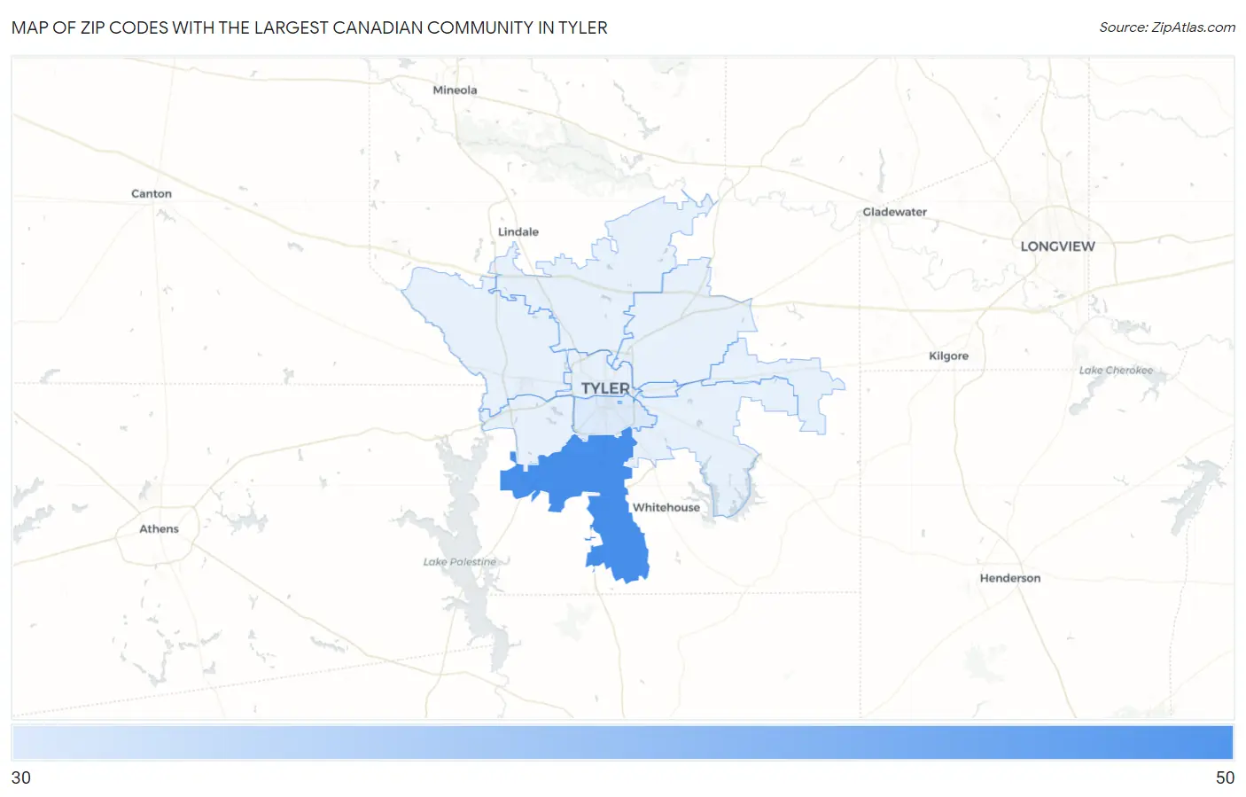 Zip Codes with the Largest Canadian Community in Tyler Map