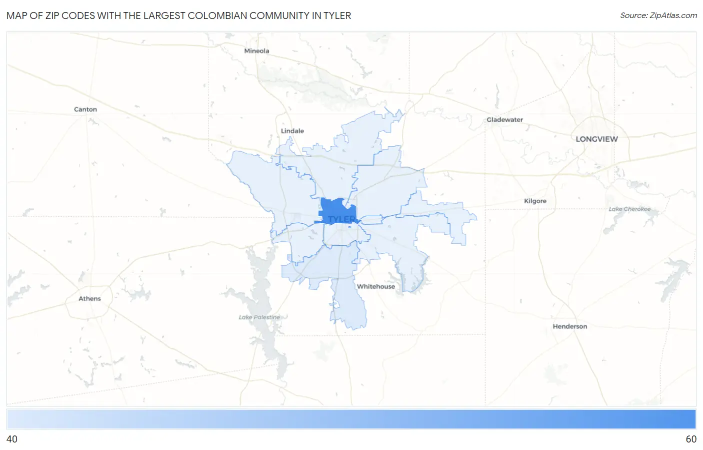 Zip Codes with the Largest Colombian Community in Tyler Map