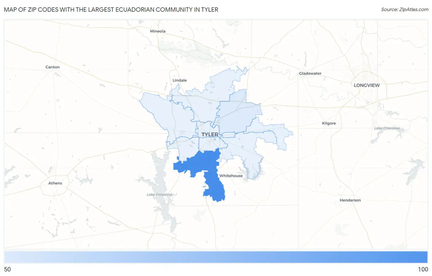 Zip Codes with the Largest Ecuadorian Community in Tyler Map