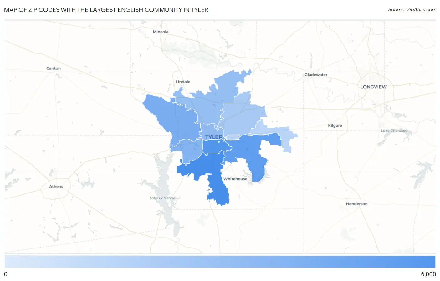 Zip Codes with the Largest English Community in Tyler Map