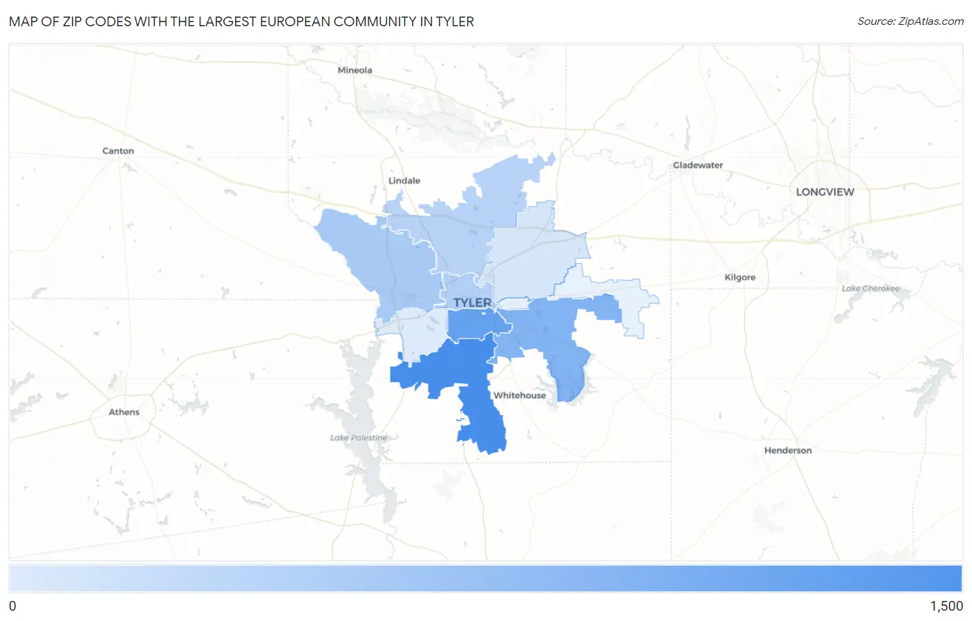 Zip Codes with the Largest European Community in Tyler Map