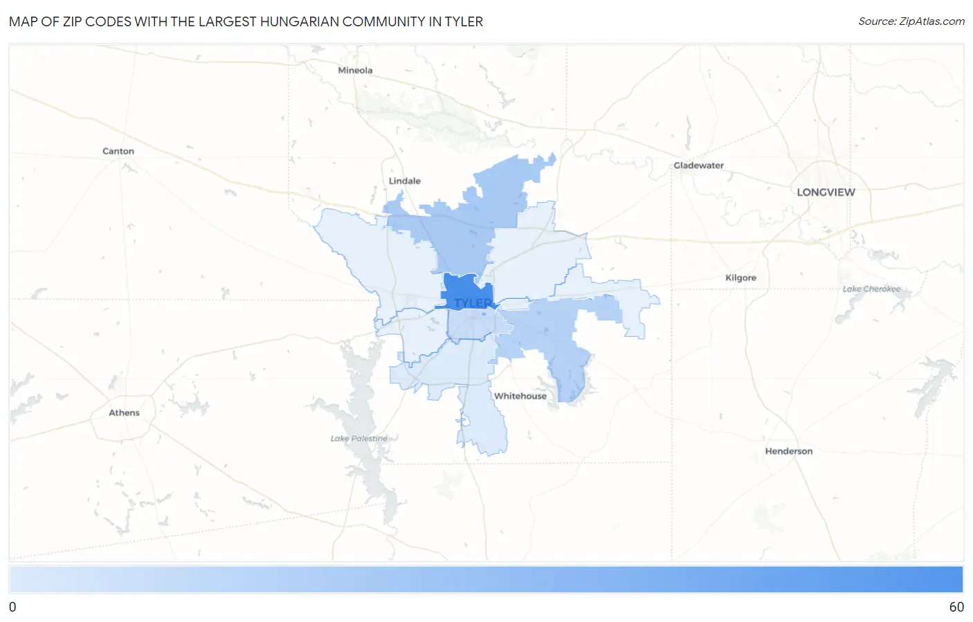 Zip Codes with the Largest Hungarian Community in Tyler Map