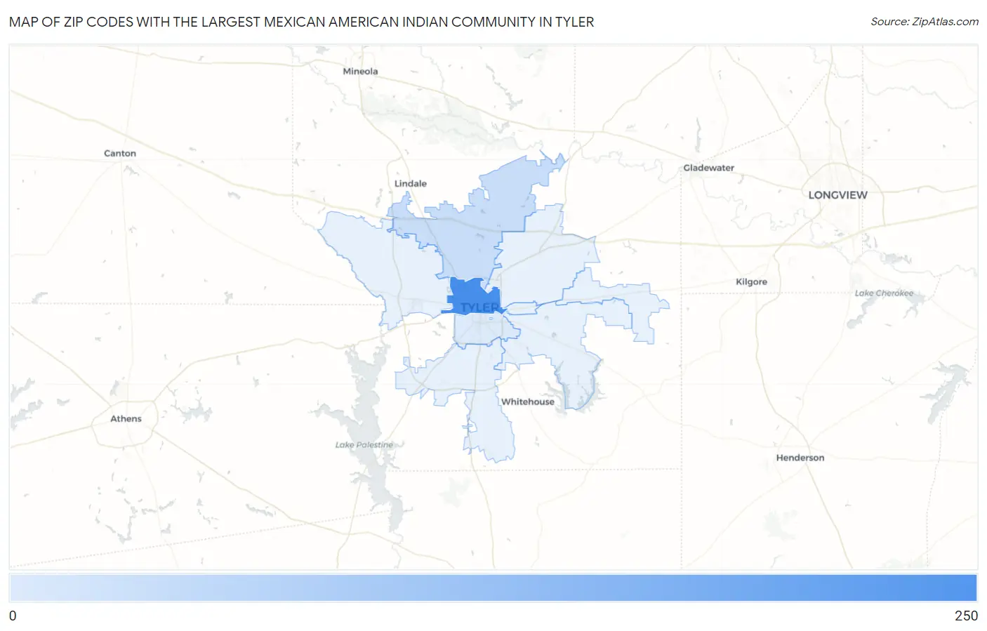 Zip Codes with the Largest Mexican American Indian Community in Tyler Map
