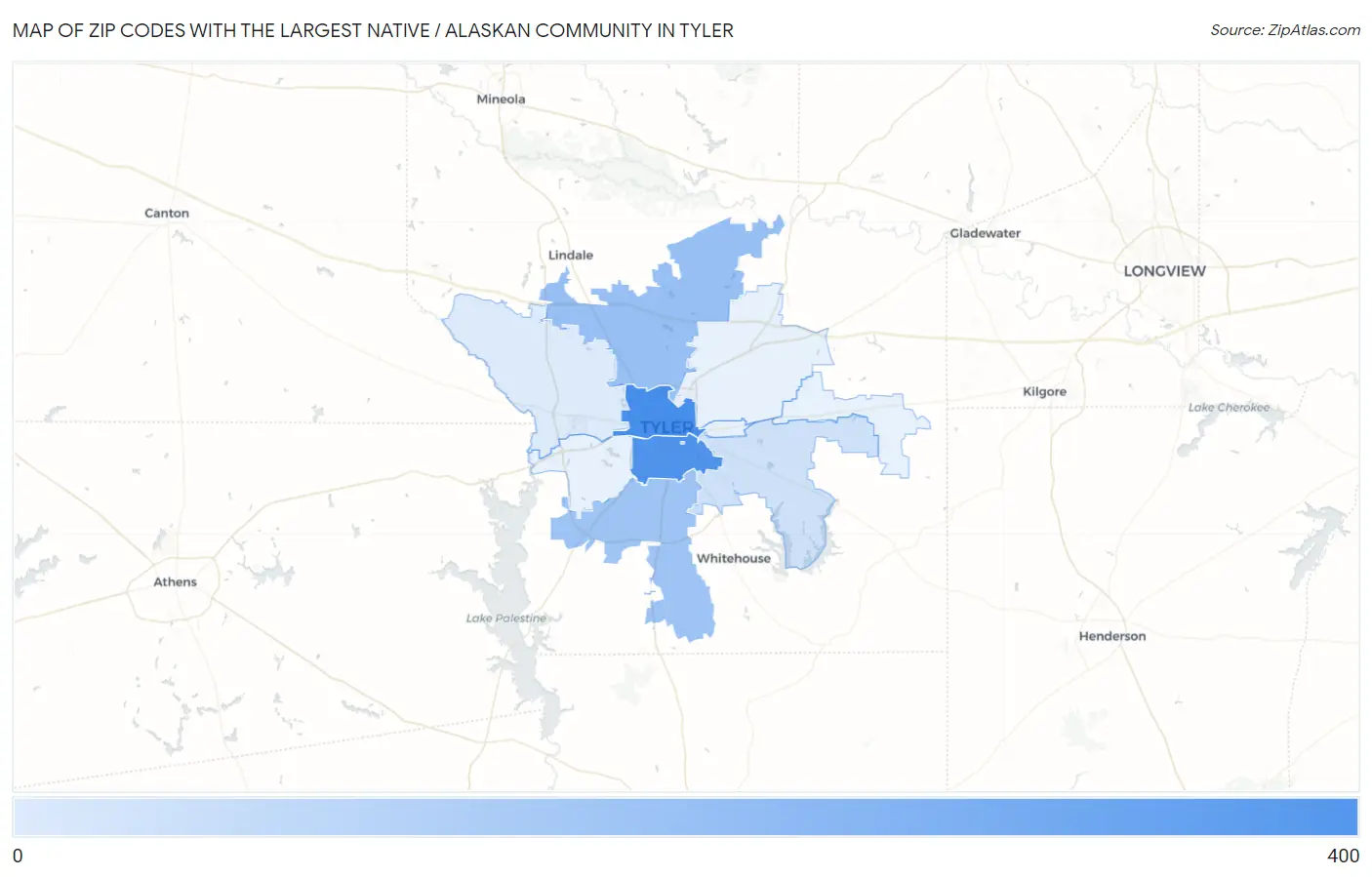 Zip Codes with the Largest Native / Alaskan Community in Tyler Map