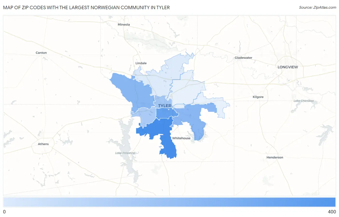 Zip Codes with the Largest Norwegian Community in Tyler Map