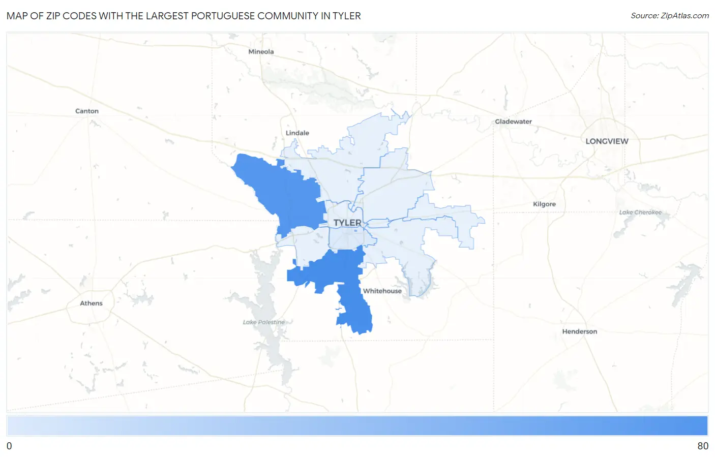 Zip Codes with the Largest Portuguese Community in Tyler Map