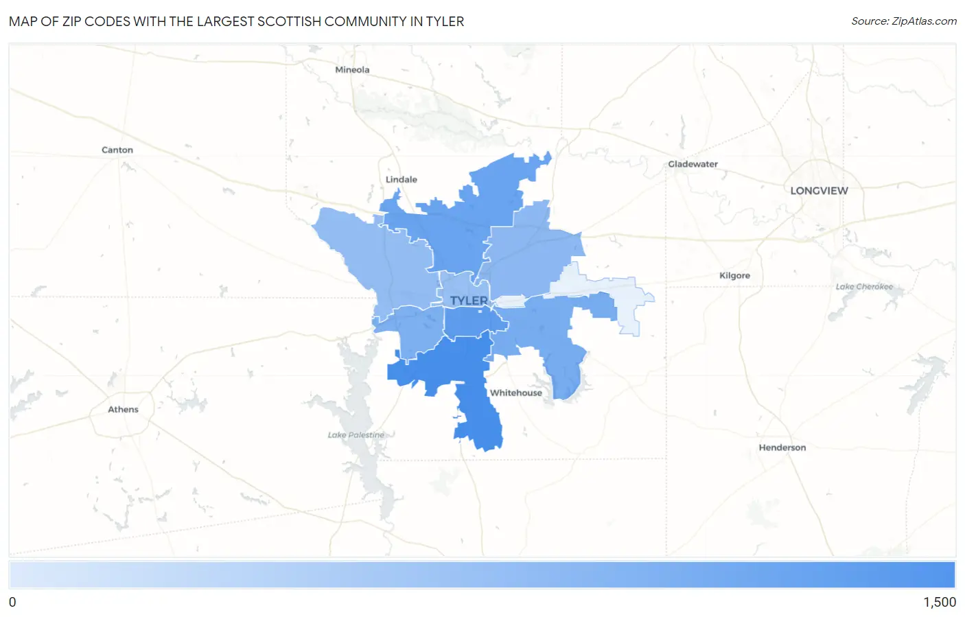 Zip Codes with the Largest Scottish Community in Tyler Map