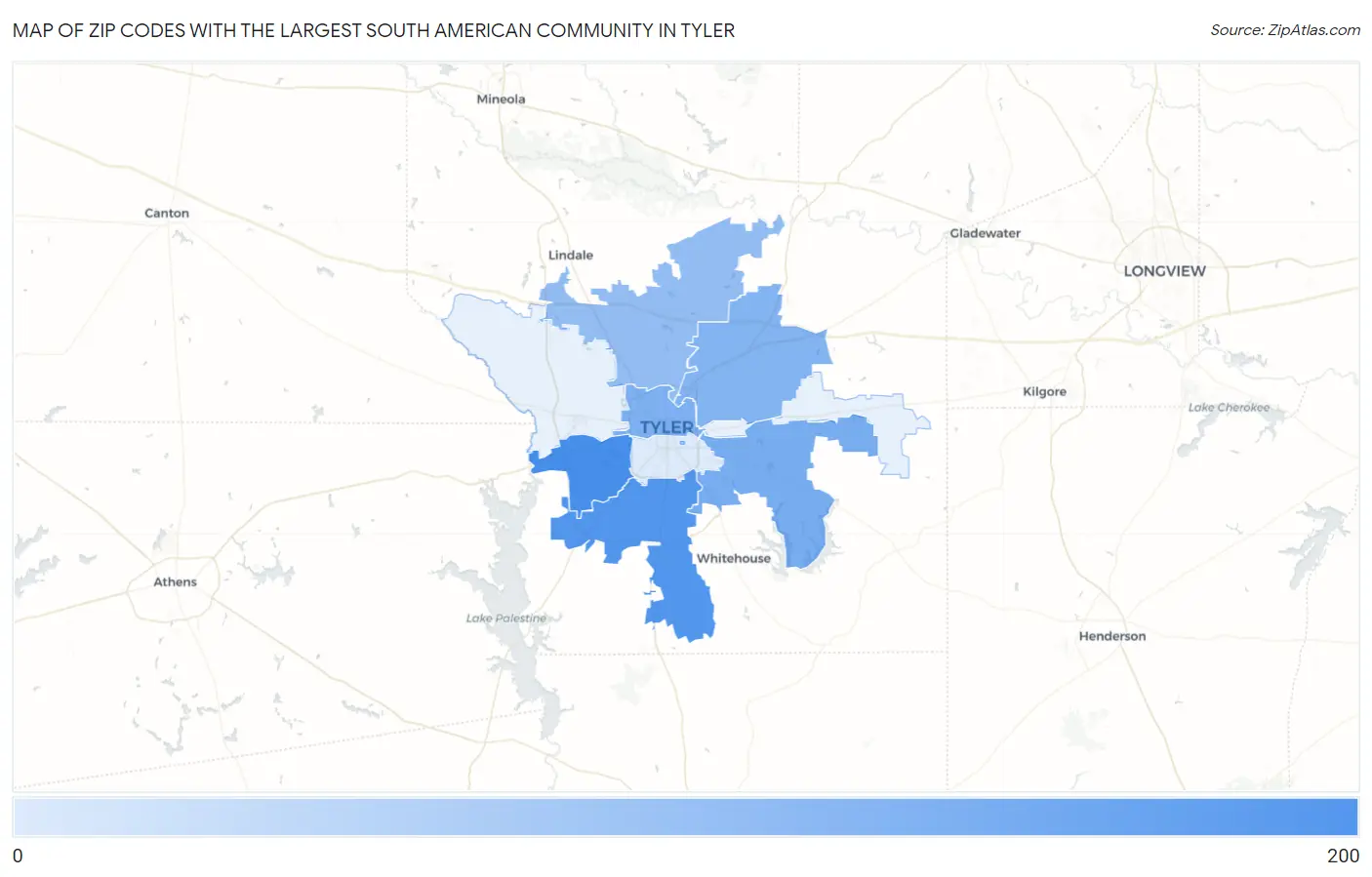 Zip Codes with the Largest South American Community in Tyler Map