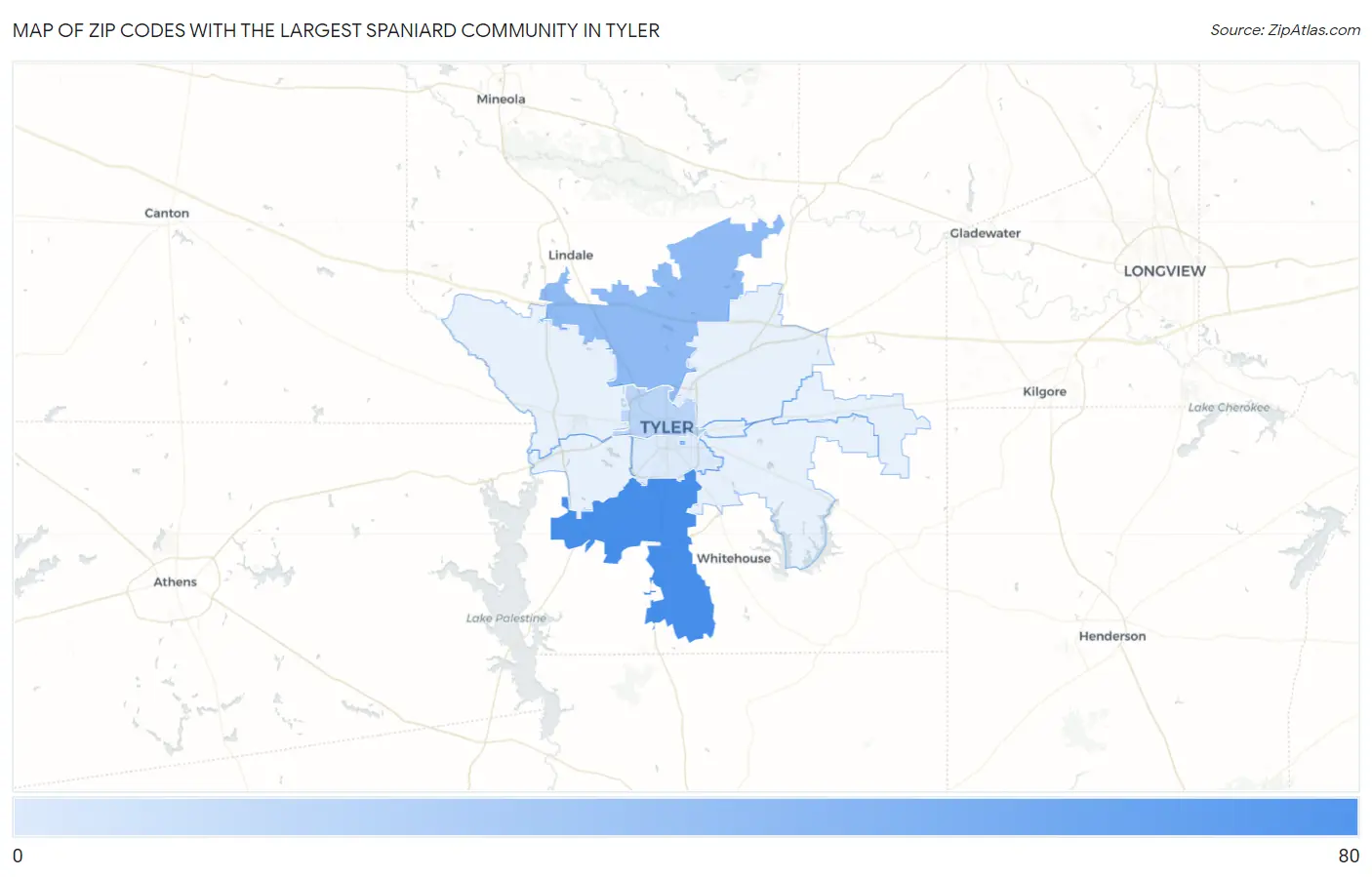 Zip Codes with the Largest Spaniard Community in Tyler Map