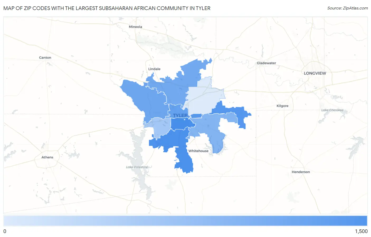 Zip Codes with the Largest Subsaharan African Community in Tyler Map