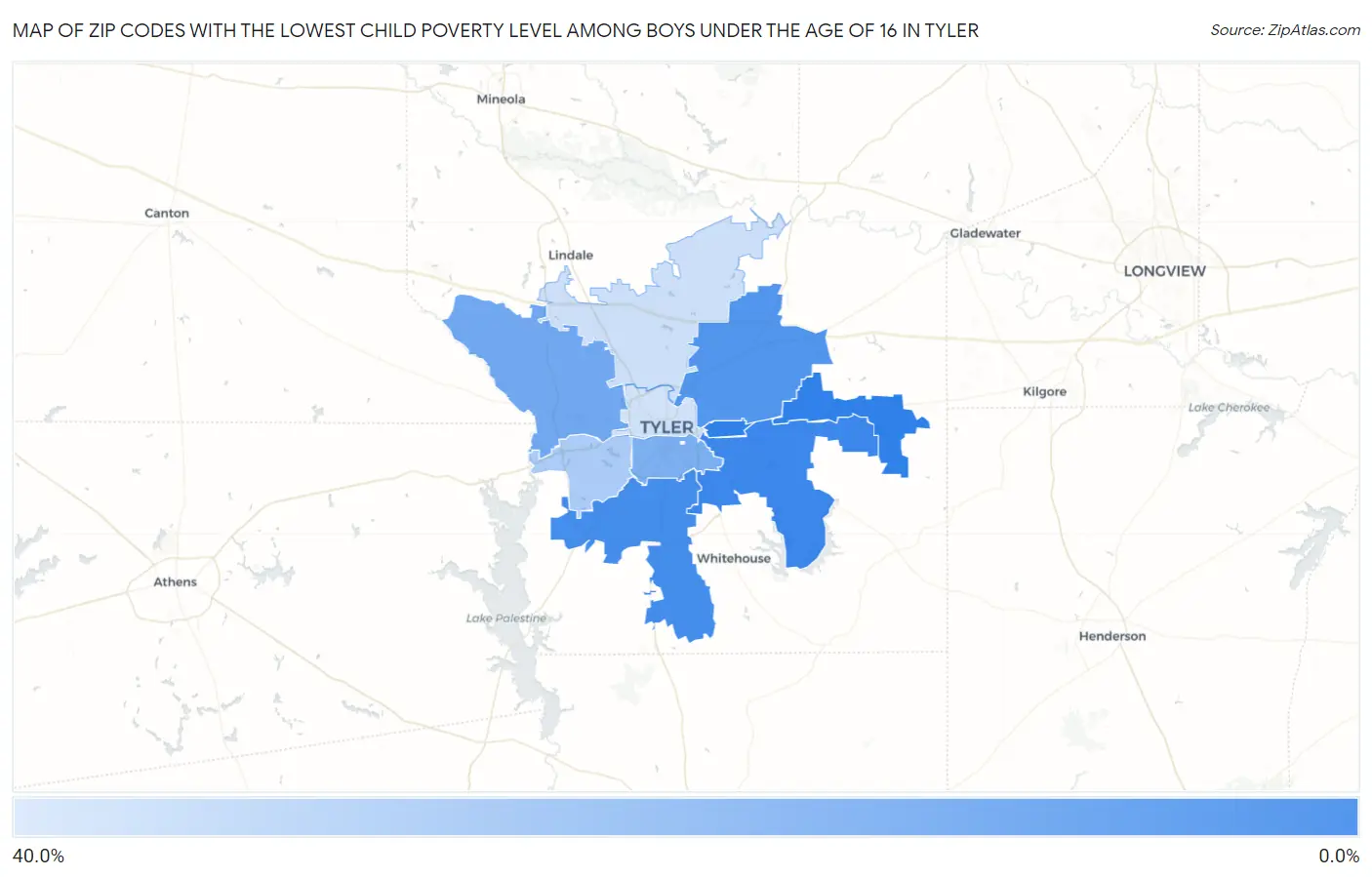 Zip Codes with the Lowest Child Poverty Level Among Boys Under the Age of 16 in Tyler Map