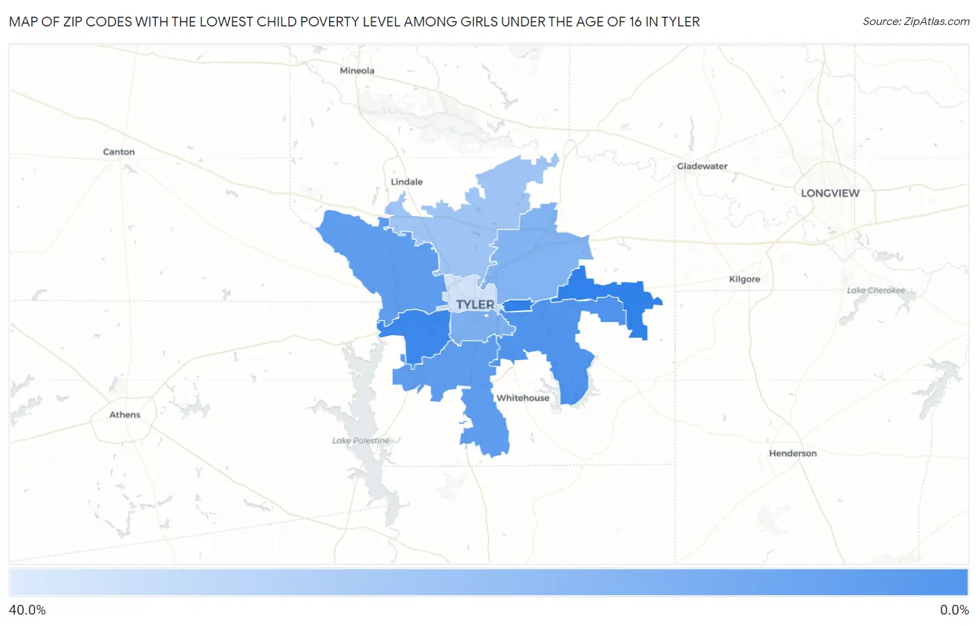 Zip Codes with the Lowest Child Poverty Level Among Girls Under the Age of 16 in Tyler Map