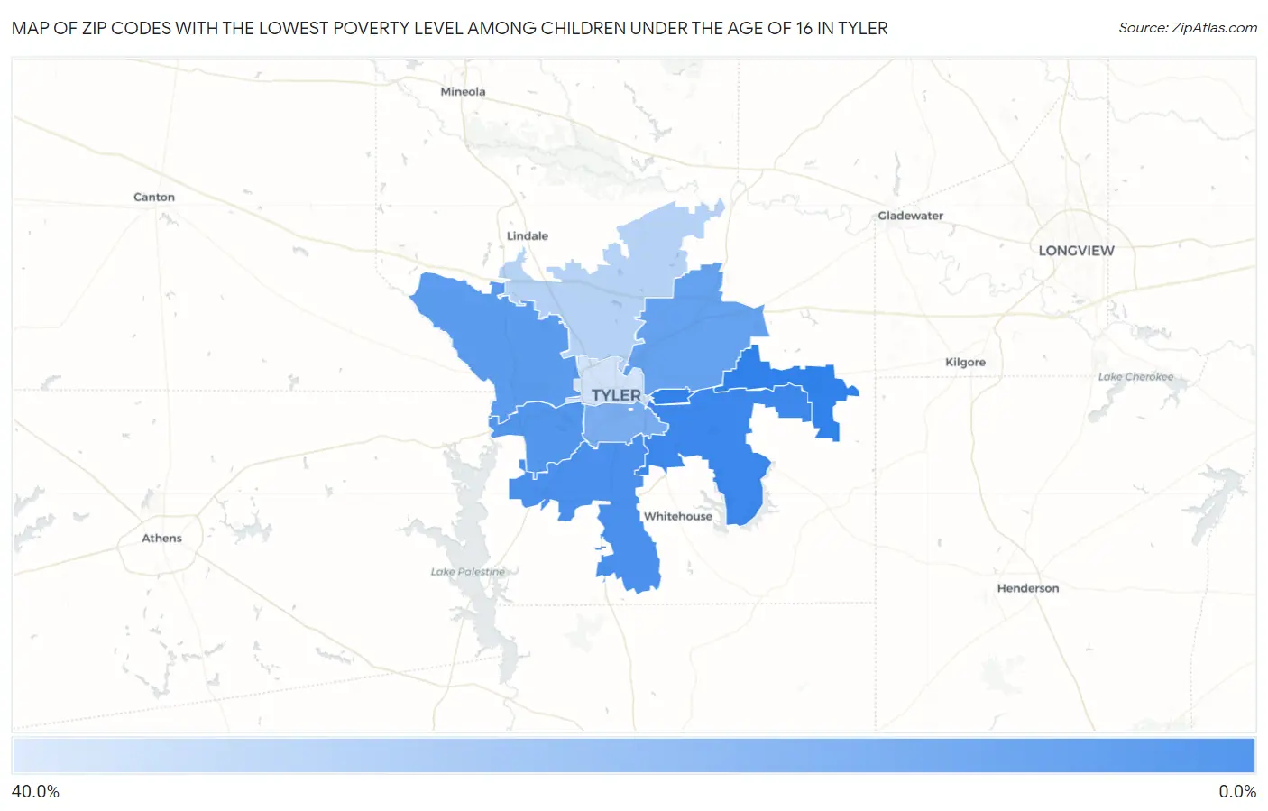 Zip Codes with the Lowest Poverty Level Among Children Under the Age of 16 in Tyler Map