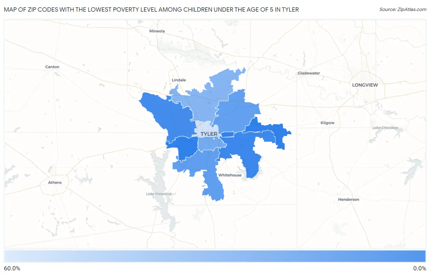 Zip Codes with the Lowest Poverty Level Among Children Under the Age of 5 in Tyler Map